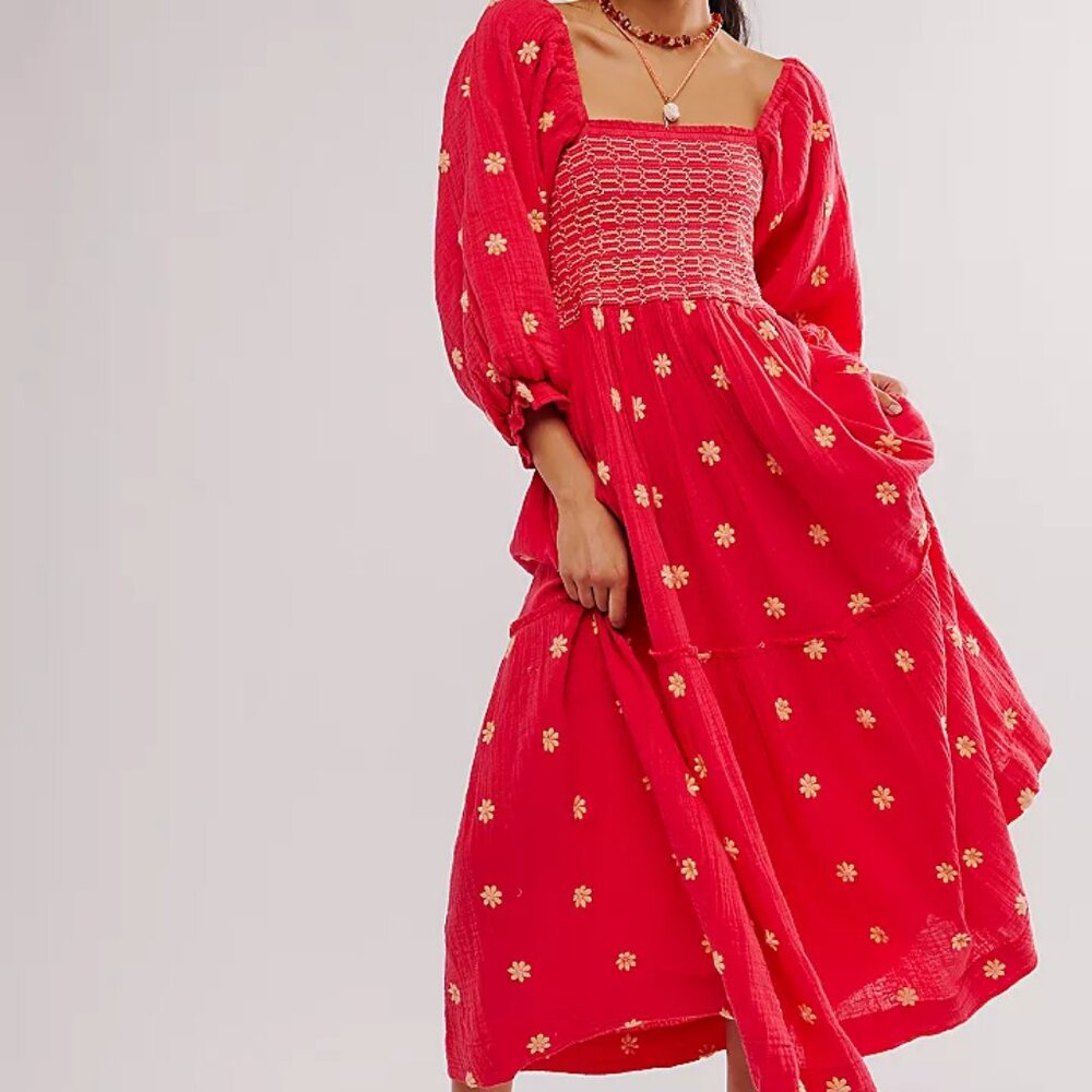 Free People Dahlia Embroidered Maxi Dress Smocked Watermelon Size Small NWOT